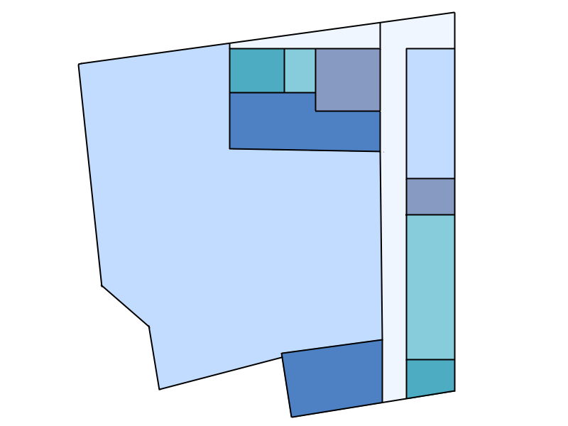 A block-based representation of the practice from an aerial view. Each section of the practice is coloured in different shades of blue.